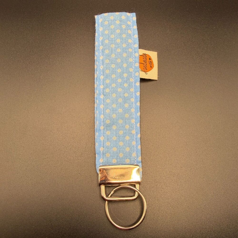 Handmade Fabric Wrist Keychain | Cute Blue Polka Dot Key Fob Strap Wristlet Gift